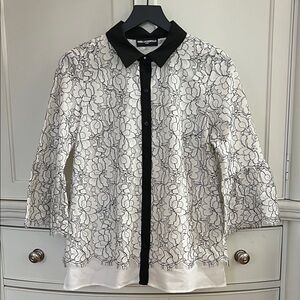 Karl Lagerfeld Floral Lace Button Down Top with Peplum Sleeves - Black & White